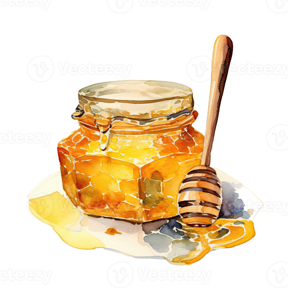 Watercolor honey jar with spoon. Illustration png