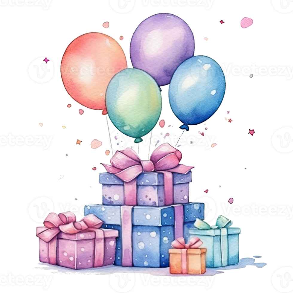 Watercolor Happy Birthday Gift Boxes with Balloons. Illustration png