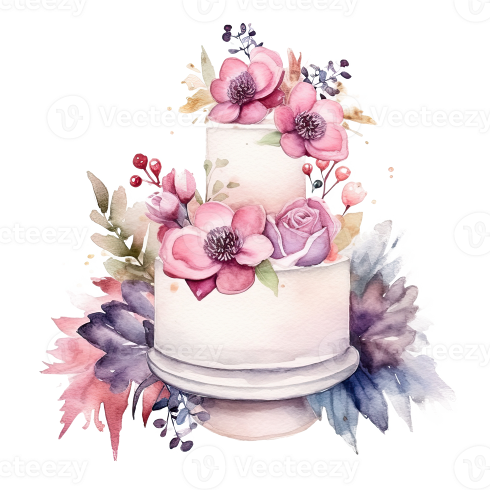 Watercolor wedding cake with flowers. Illustration png