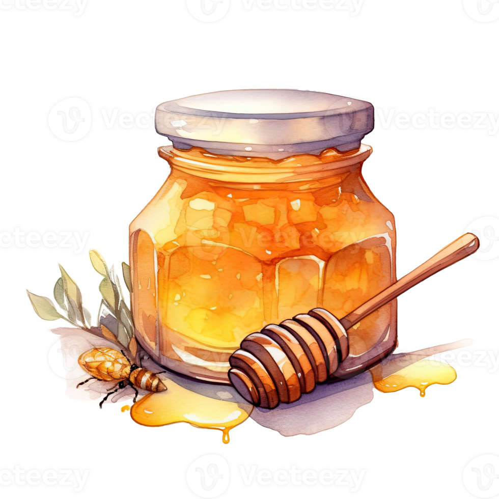 Watercolor honey jar with spoon. Illustration png