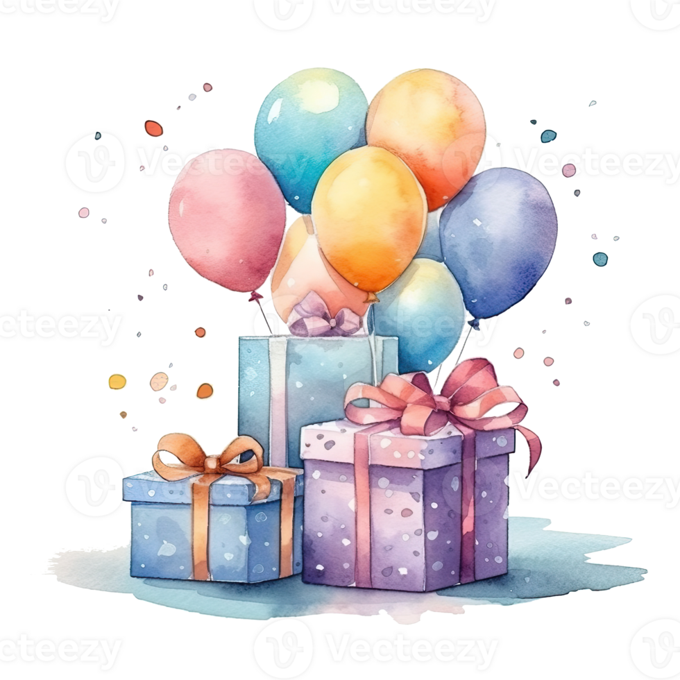 Watercolor Happy Birthday Gift Boxes with Balloons. Illustration png