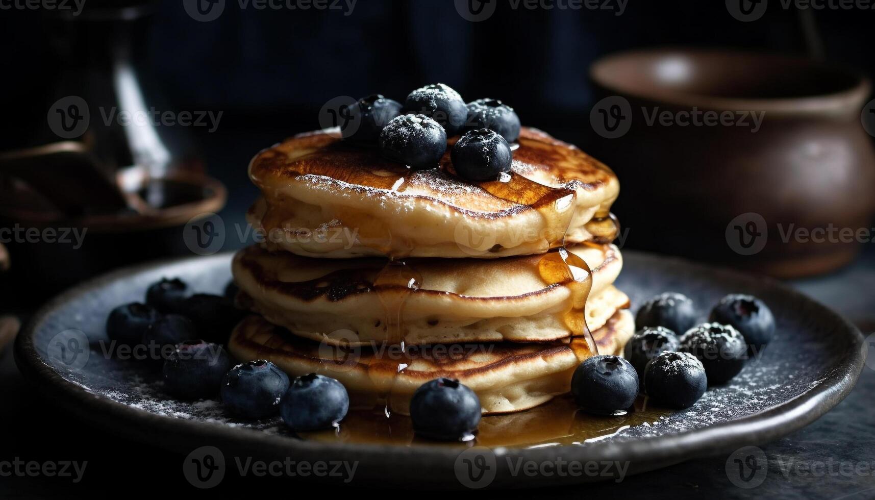 Homemade blueberry pancakes with fresh berry syrup generated by AI photo