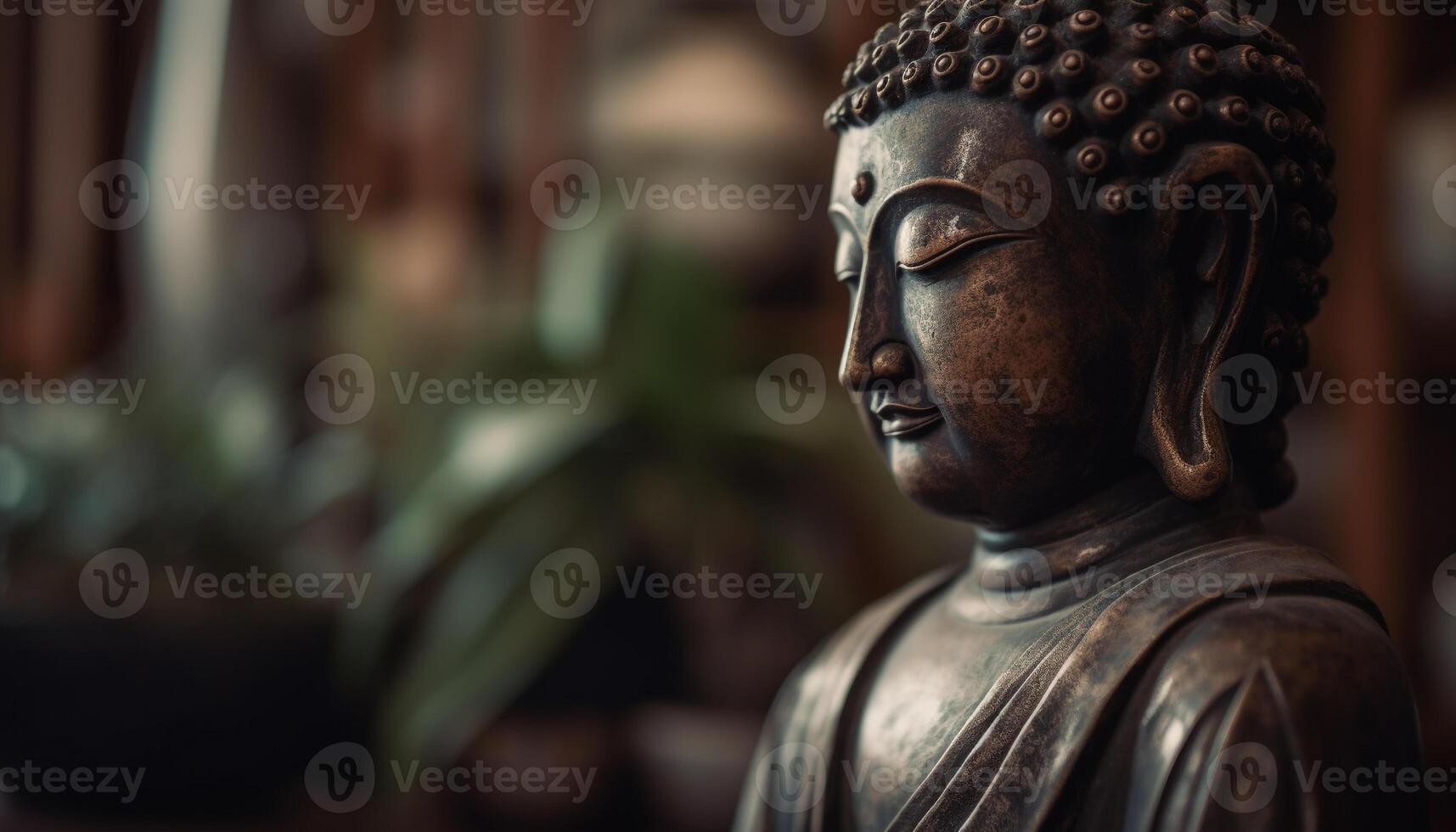 Little Buddha statue in blurred green bamboo zen jungle, friendly peaceful  tropical environment, fresh natural spa asian wallpaper. Mindfulness,  wellness, Inspiring concept. Generative AI Technology Stock Photo