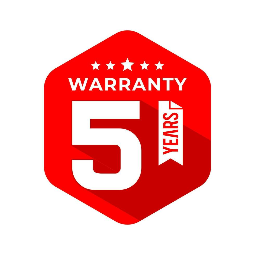 5 Years Warranty Seal With Hexagon Concept and Long Shadow Effect. Icon. Stamp. Sticker. Logo. Vector Illustration