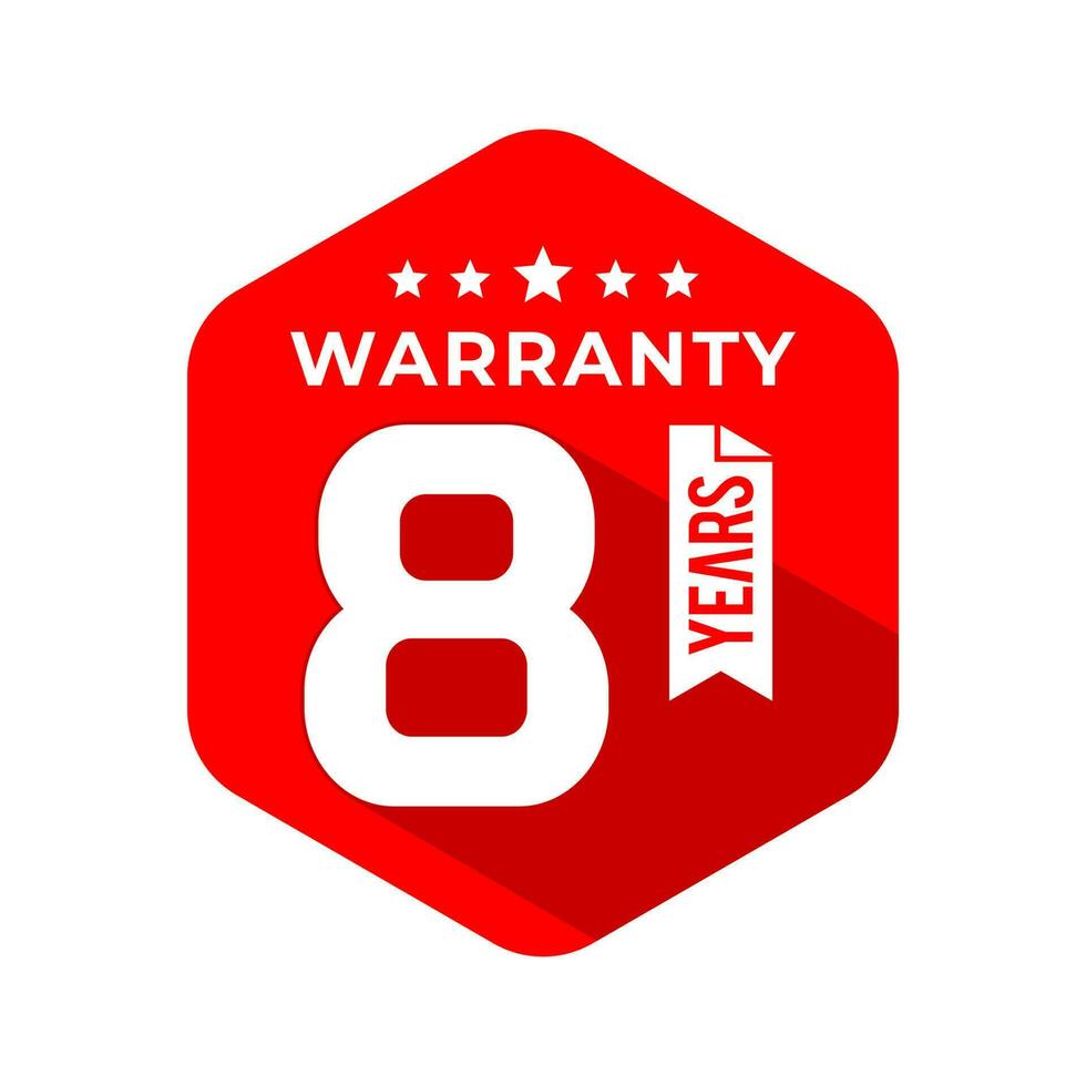 8 Years Warranty Seal With Hexagon Concept and Long Shadow Effect. Icon. Stamp. Sticker. Logo. Vector Illustration