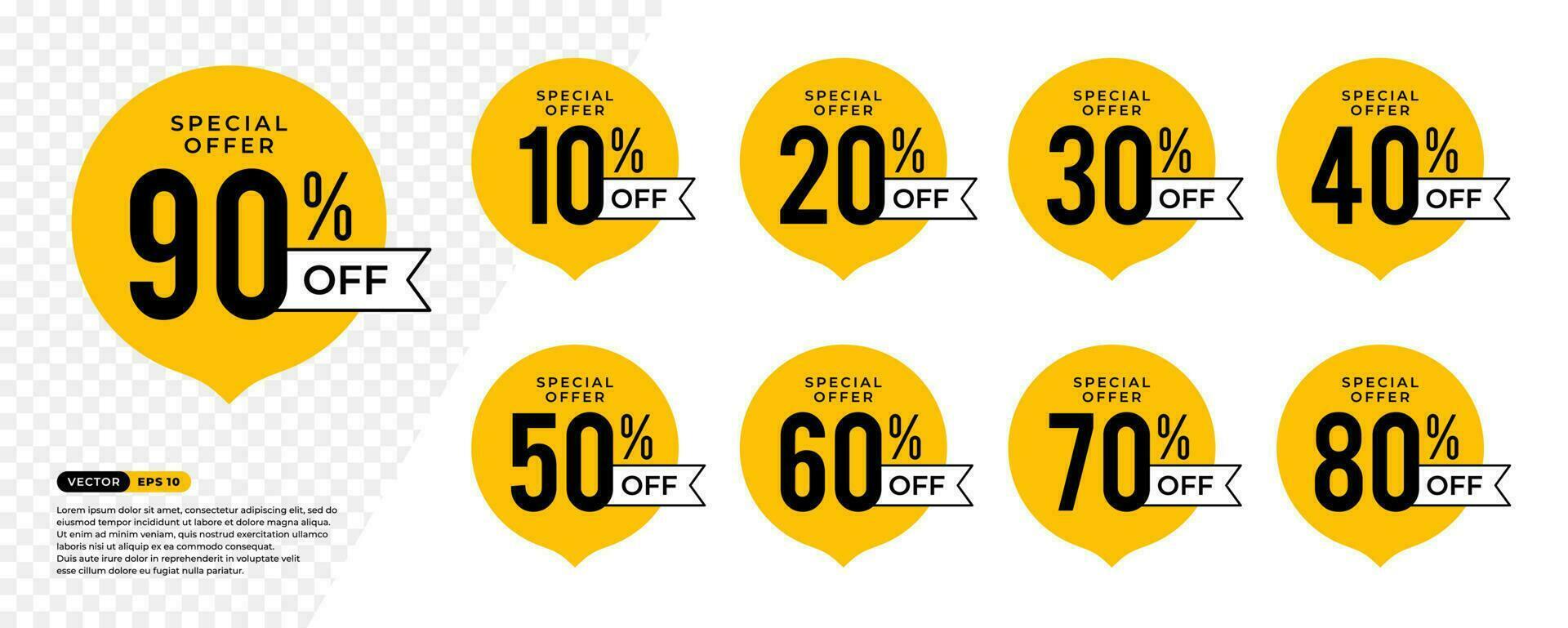 Discount Sticker of Special Offer 90 percent Off . 10, 20, 30, 40, 50, 60, 70, 80 percent. Black and Yellow Tag, Price Discount Label. Vector Illustration