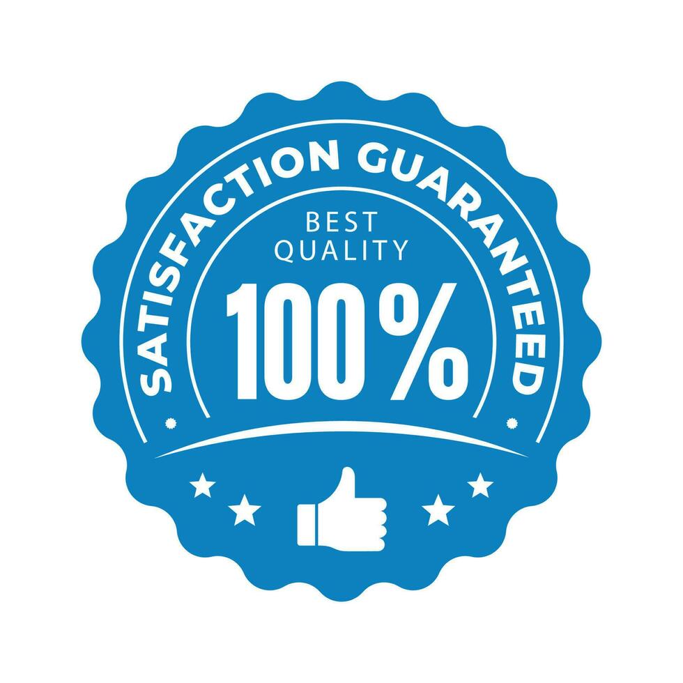 Seal of 100 Percent Satisfaction Guaranteed in Blue Circle and Thumb Icon. Grunge Rubber Texture Stamp. Logo. Sticker. Vector illustration