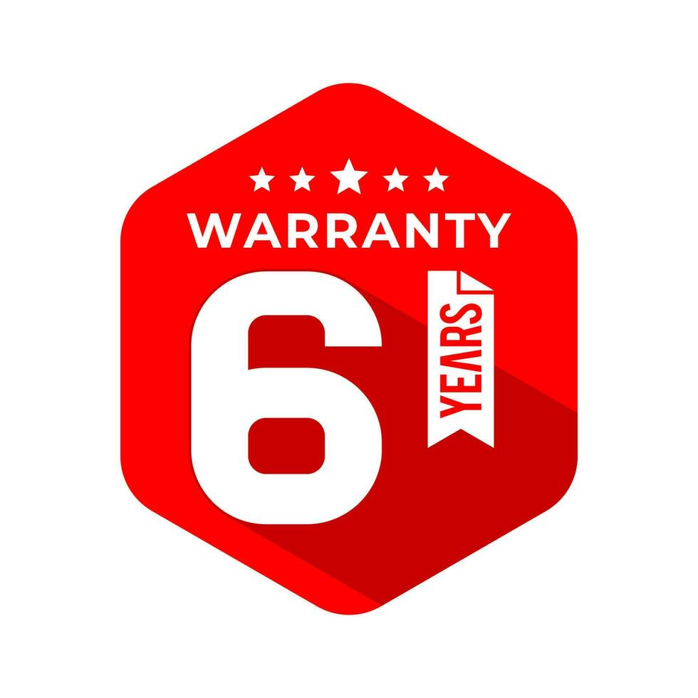 6 Years Warranty Seal With Hexagon Concept and Long Shadow Effect. Icon. Stamp. Sticker. Logo. Vector Illustration