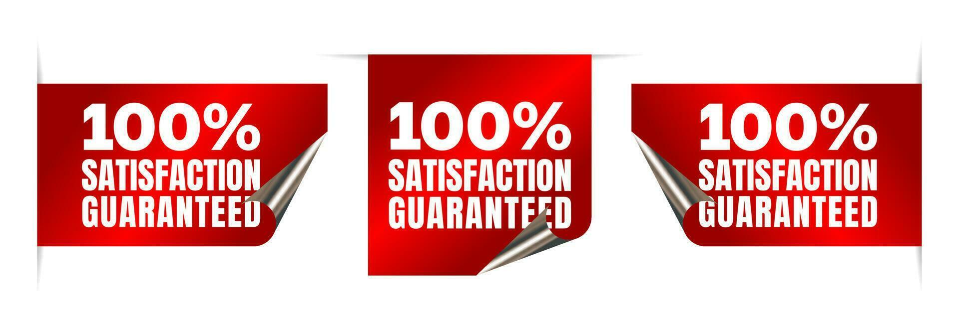 100 Percent Satisfaction Guaranteed Label Badge design in Realistic Red folding ribbons, tags and stickers. Vector illustration