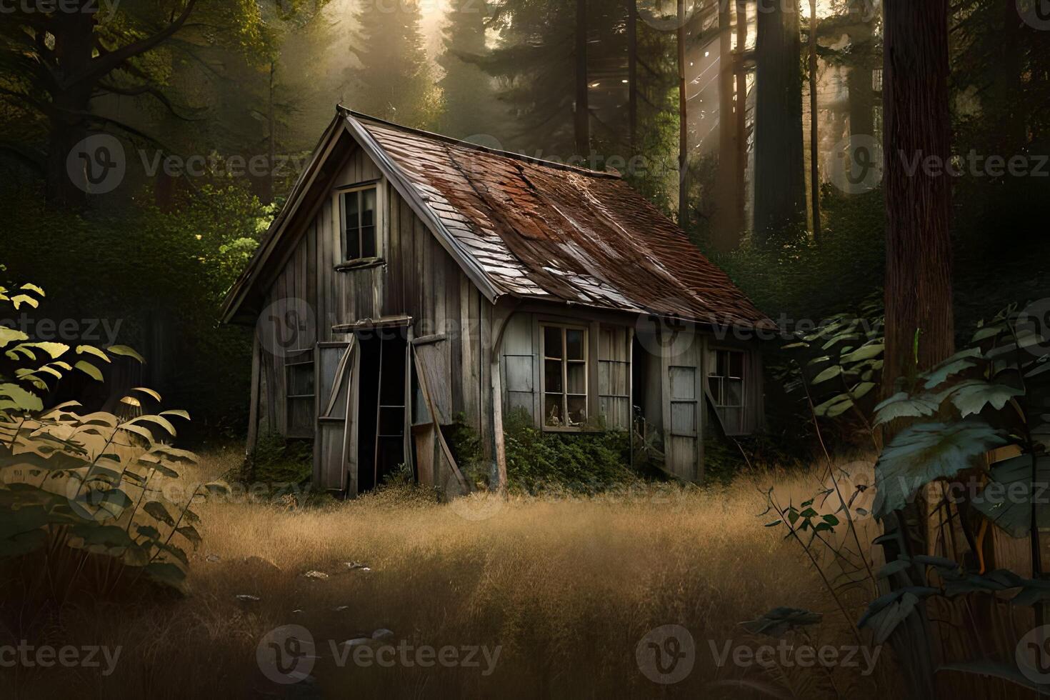 A photograph of an abandoned house nestled in the heart of a forest. photo