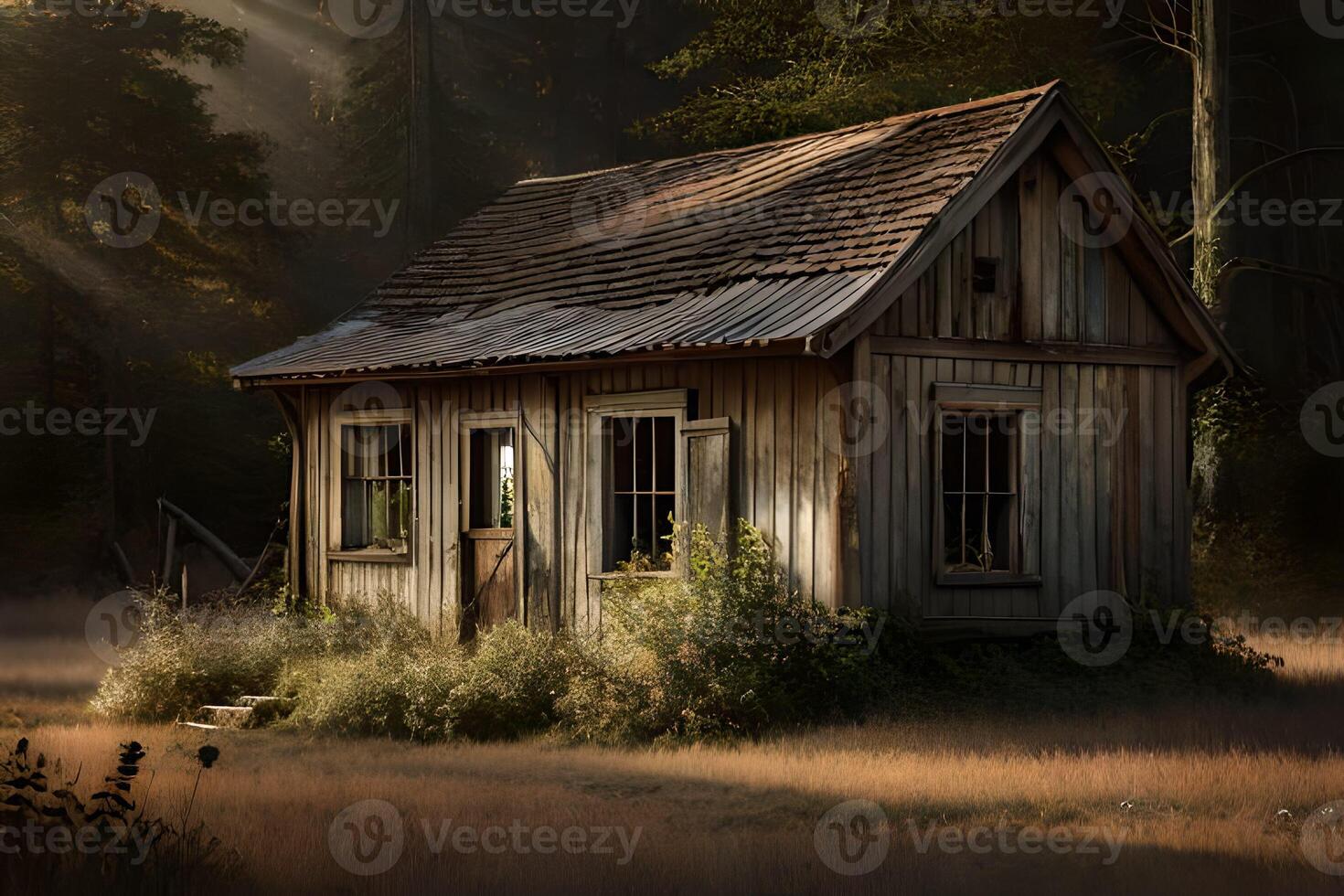 un fotografía de un abandonado casa anidado en el corazón de un bosque. generativo ai foto