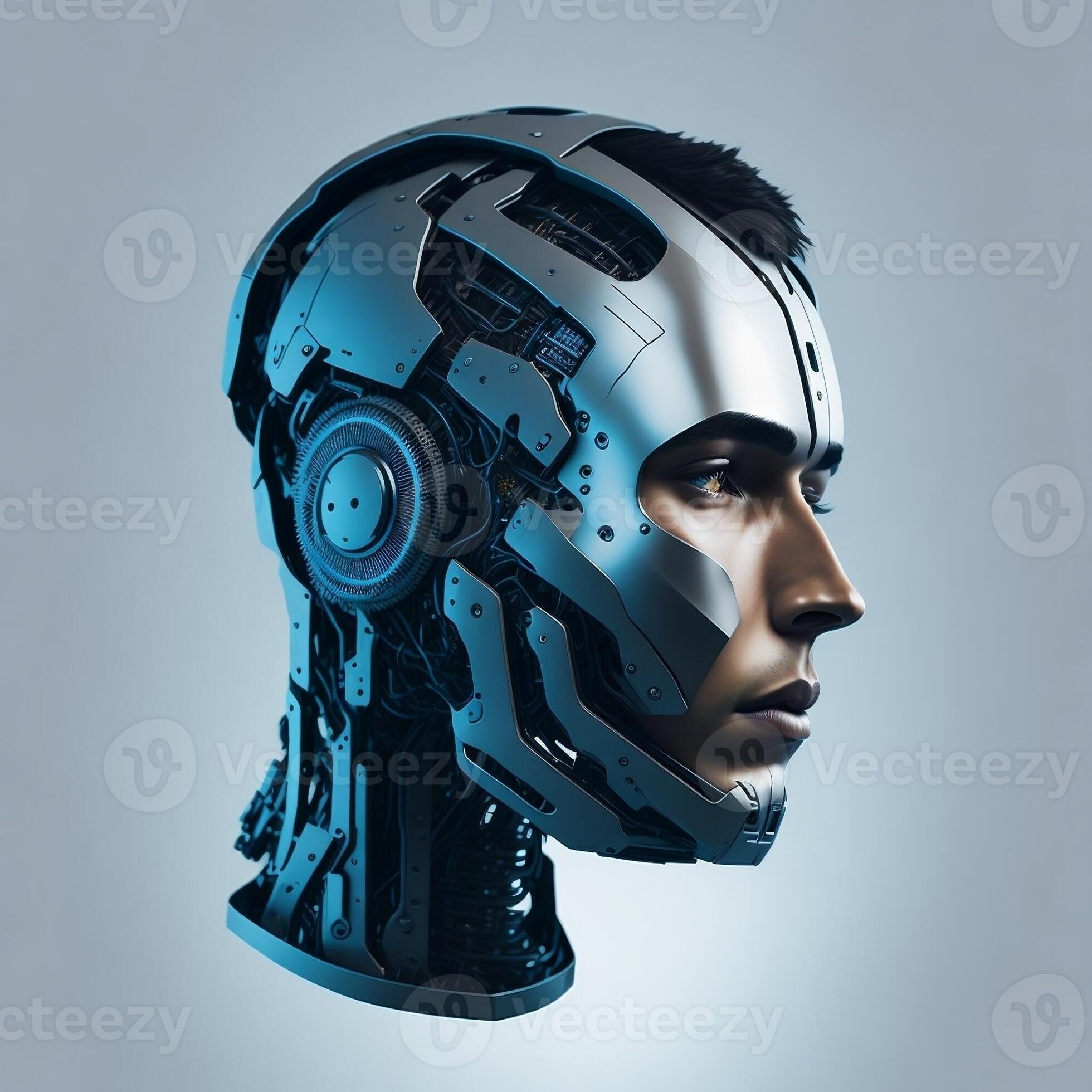 robot cyborg head, male artificial intelligence robot face, male ...