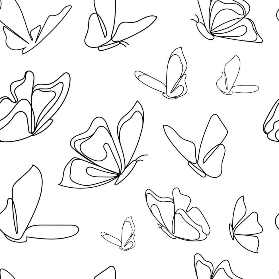 Beautiful seamless background of butterflies line drawing black and white colors vector illustration.Butterflies seamless pattern.Hand drawn contour lines.Fashionable design for printing