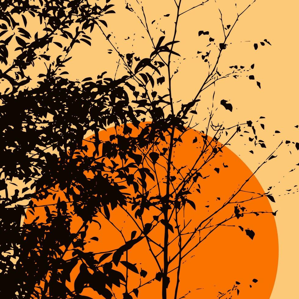 Silhouette of tree on orange background with sun. Vector illustration.