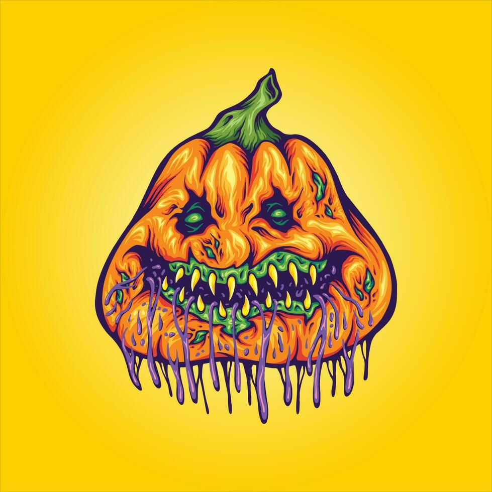 Rotten pumpkin monster head creepy halloween vector illustrations for your work logo, merchandise t-shirt, stickers and label designs, poster, greeting cards advertising business company