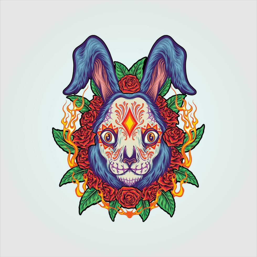 Dia de los muertos bunny head with blooming rose frame vector illustrations for your work logo, merchandise t-shirt, stickers and label designs, poster, greeting cards advertising business company