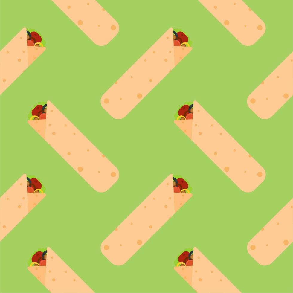 shawarma doner burito flat design vector illustration. Delicious Arabic roll with meat, salad, tomato. Kebab with chicken and onion. Cartoon style vector illustration