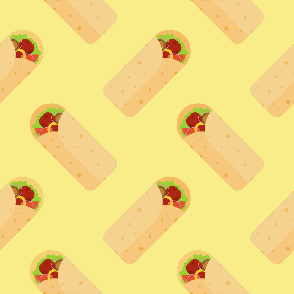shawarma kebab seamless pattern vector illustration. Arabic eastern toasty doner kebab meal. Shaurma or burrito business emblem flat vector illustration