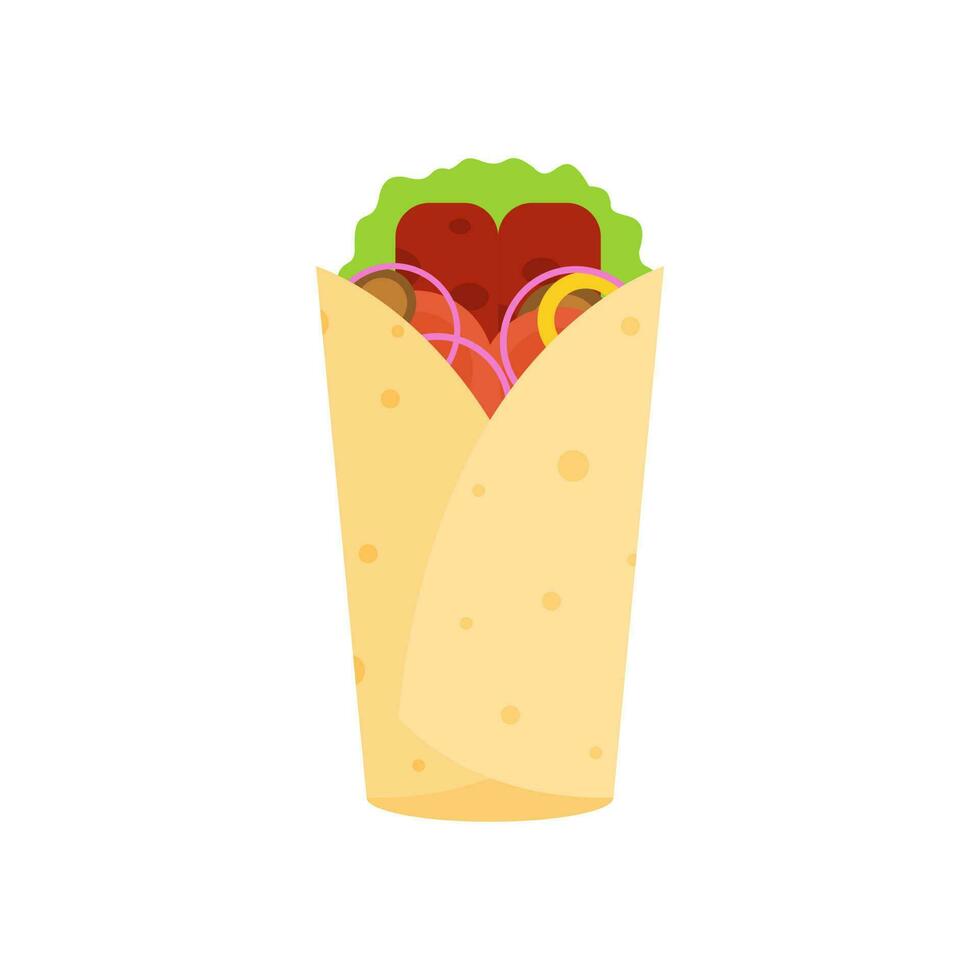 shawarma doner burito flat design vector illustration. Delicious Arabic roll with meat, salad, tomato. Kebab with chicken and onion. Cartoon style vector illustration