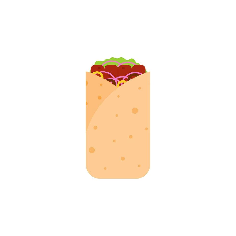 shawarma doner burito flat design vector illustration. Delicious Arabic roll with meat, salad, tomato. Kebab with chicken and onion. Cartoon style vector illustration