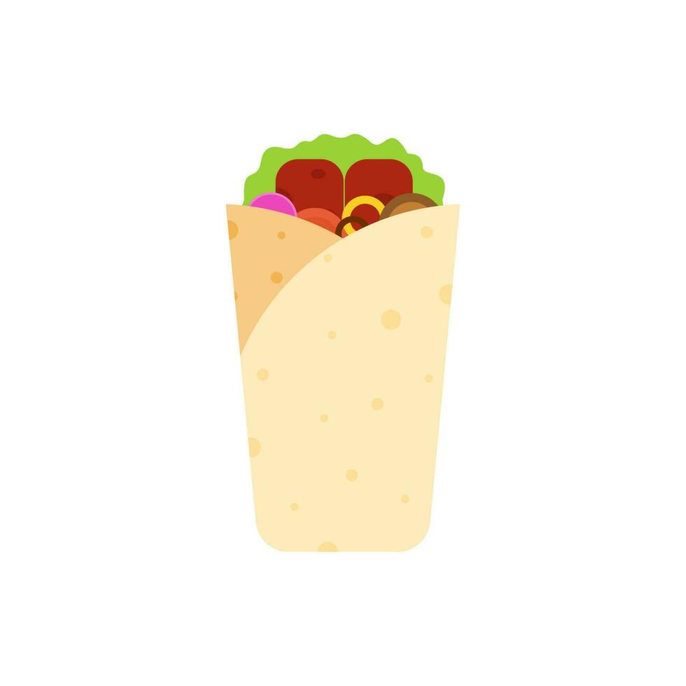 shawarma kebab flat design vector illustration. Arabic eastern toasty doner kebab meal. Shaurma or burrito business emblem flat vector illustration