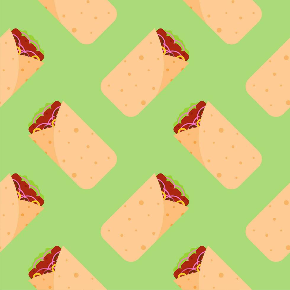 shawarma doner burito flat design vector illustration. Delicious Arabic roll with meat, salad, tomato. Kebab with chicken and onion. Cartoon style vector illustration