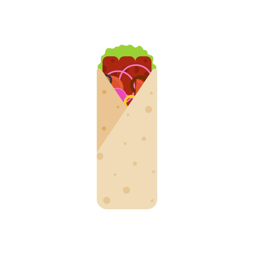 shawarma doner burito flat design vector illustration. Delicious Arabic roll with meat, salad, tomato. Kebab with chicken and onion. Cartoon style vector illustration