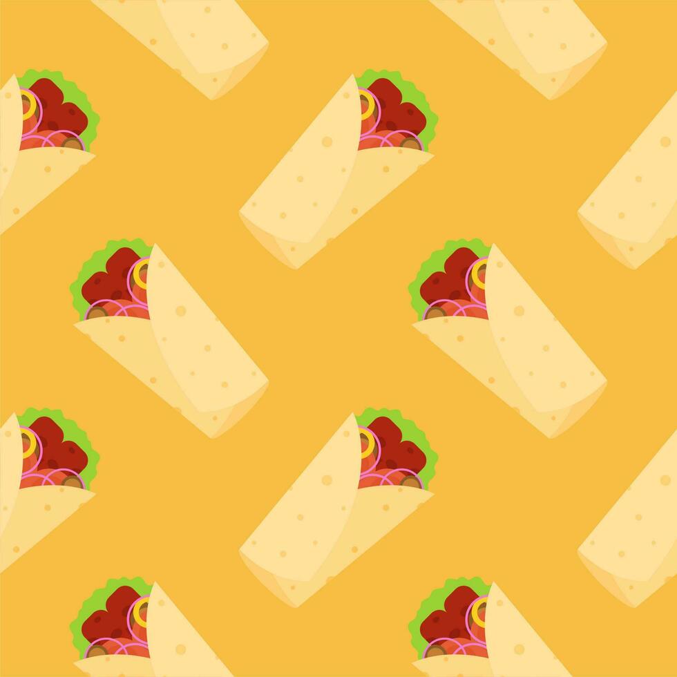 shawarma doner burito flat design vector illustration. Delicious Arabic roll with meat, salad, tomato. Kebab with chicken and onion. Cartoon style vector illustration