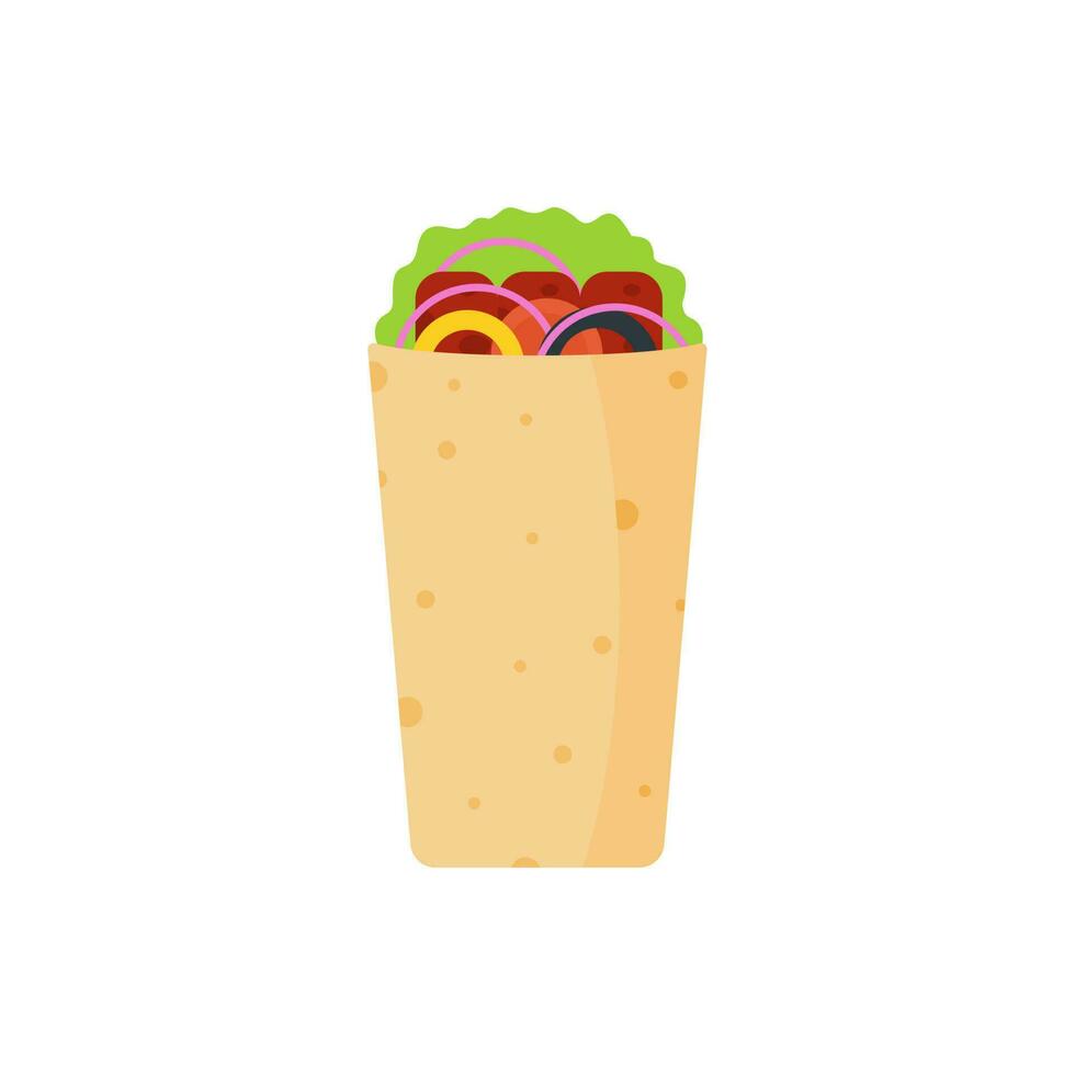 shawarma kebab flat design vector illustration. Arabic eastern toasty doner kebab meal. Shaurma or burrito business emblem flat vector illustration