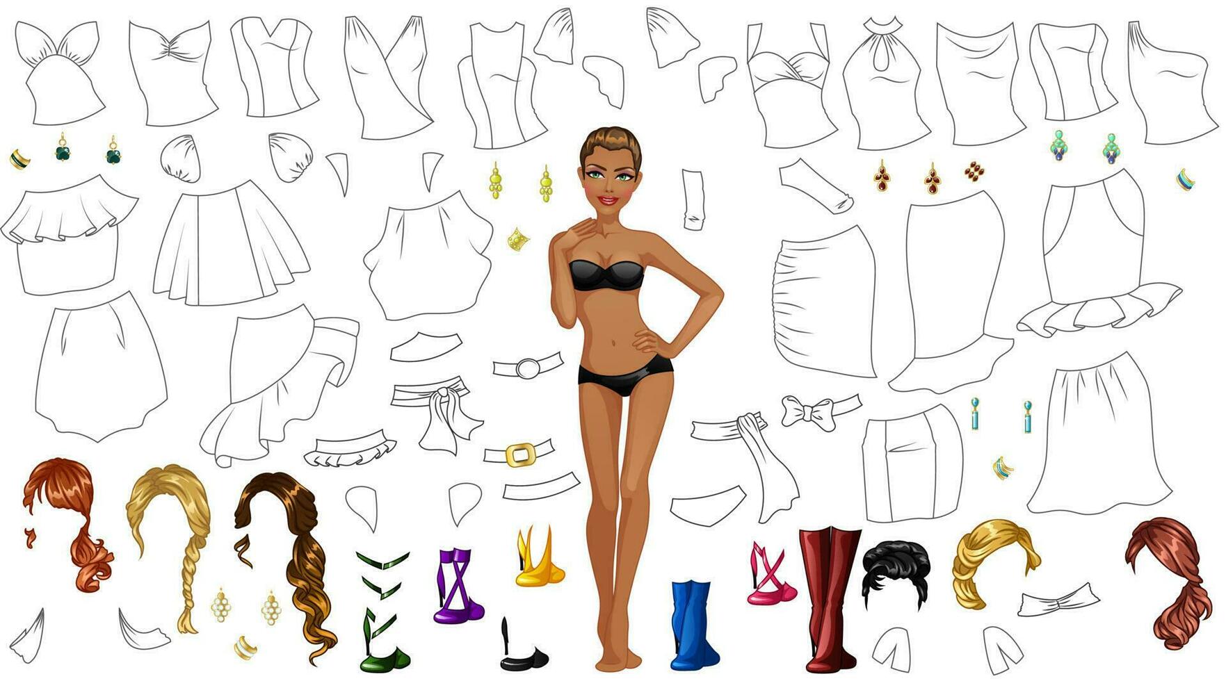 Cocktail Dress Design Coloring Page Paper Doll with Clothes, Hairstyles and Accessories. Vector Illustration