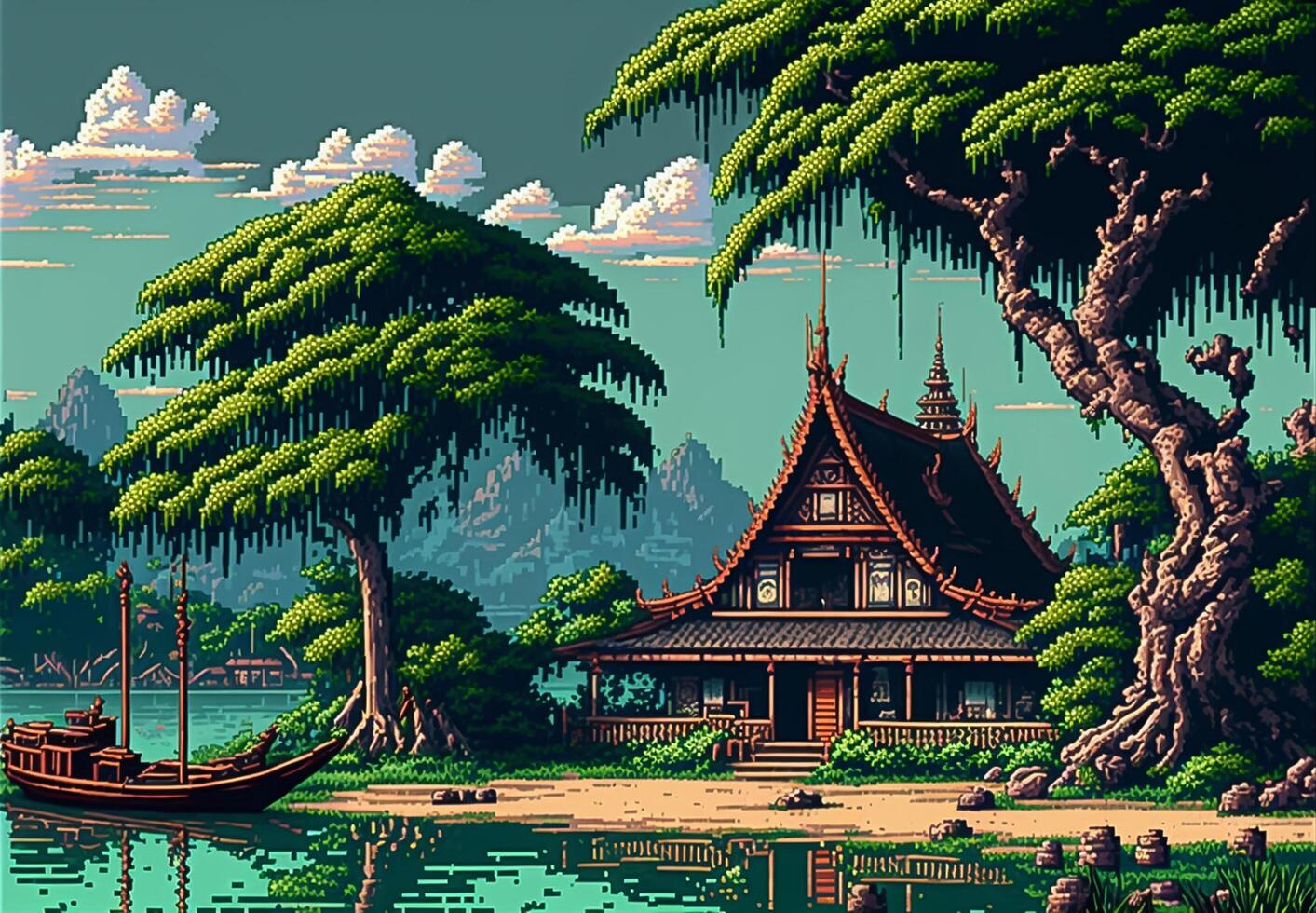 Thailand a style of 1990s point and click, 8-bit pixel art photo