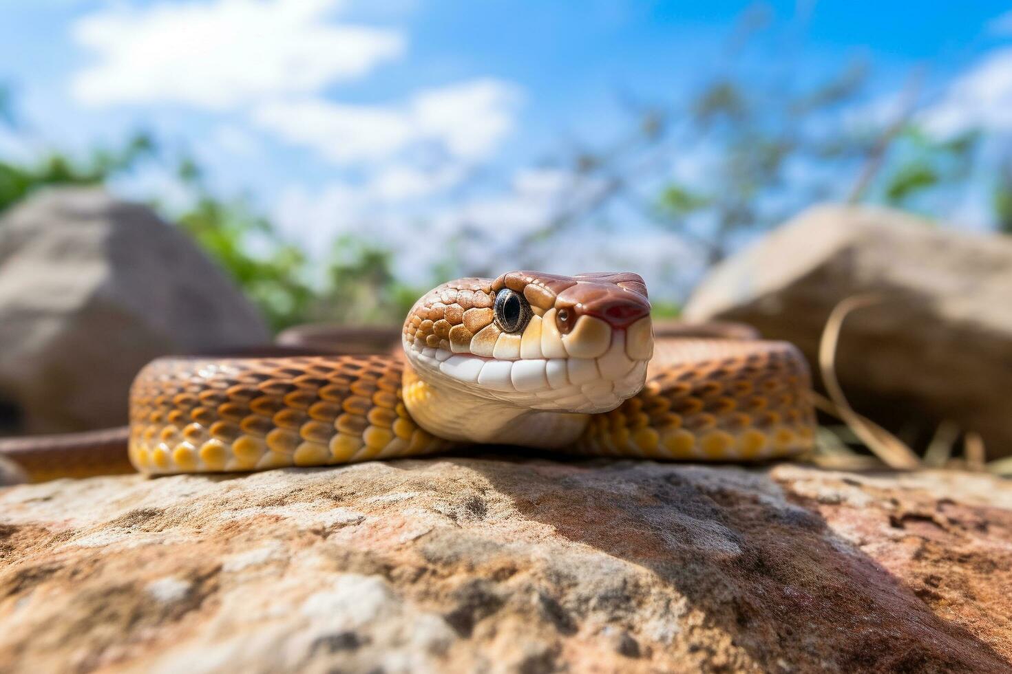 un serpiente se sienta en un rock en el Dom ai generativo foto