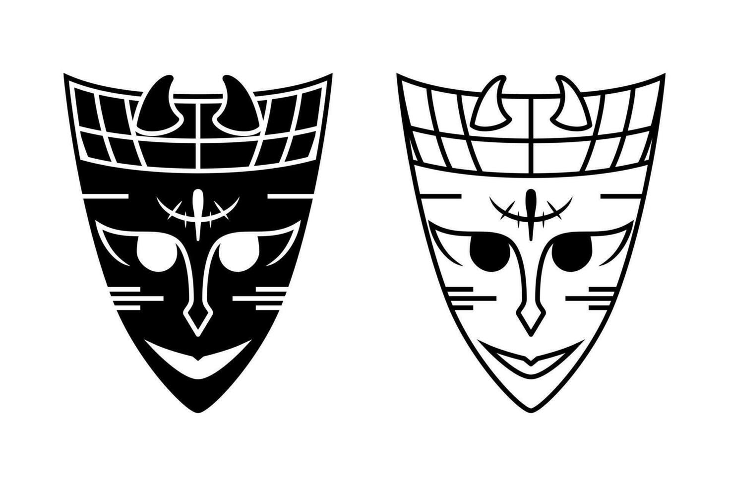 black and white smiling devil woman mask with horns illustration. line ...