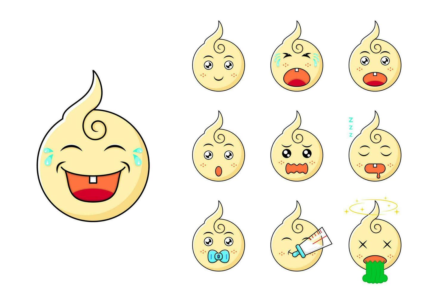 conjunto de bebé emoticon expresiones ilustraciones de bebé caras demostración diferente emociones reír, sonrisa, confundido, triste, llorar, herir, beber, chupete, contento. usado para iconos, pegatinas o logos vector