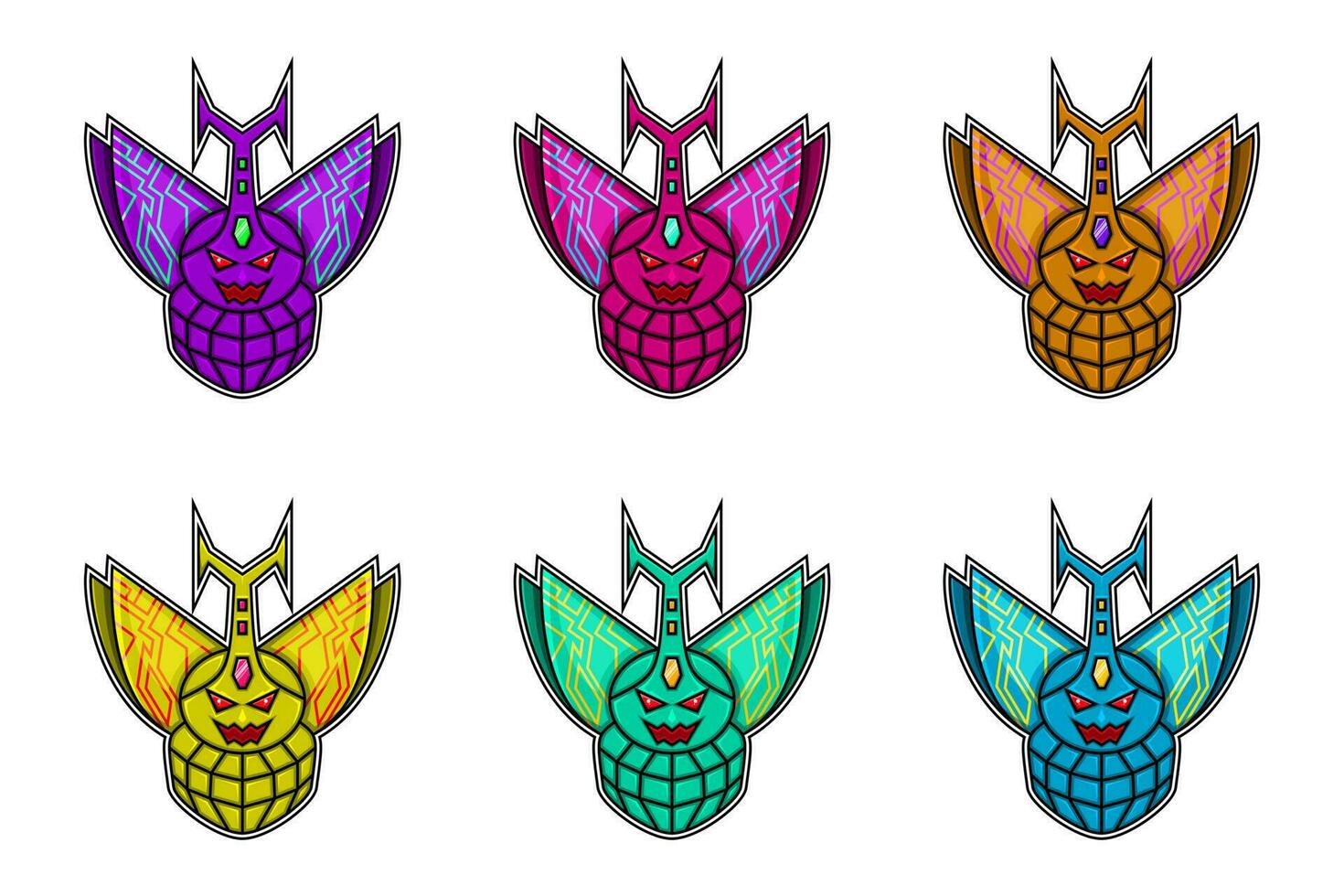 collection of flying rhinoceros beetle mascot illustration with robotic concept. purple, pink, gold and blue. used for gaming logo, sticker, sport logo and t-shirt design vector