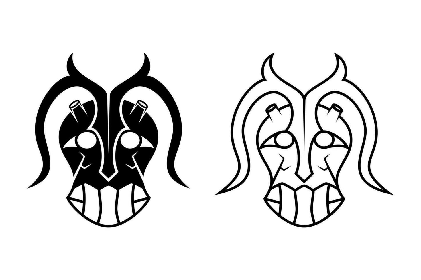 black and white demon head with horns and teeth illustration. line art and silhouette. suitable for mascot designs, symbol and t-shirts vector