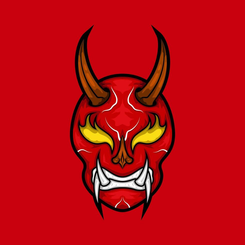 vector illustration of traditional Japanese demon red oni mask. angry, yellow eyes and scary. suitable for mascot, sticker and t-shirt design