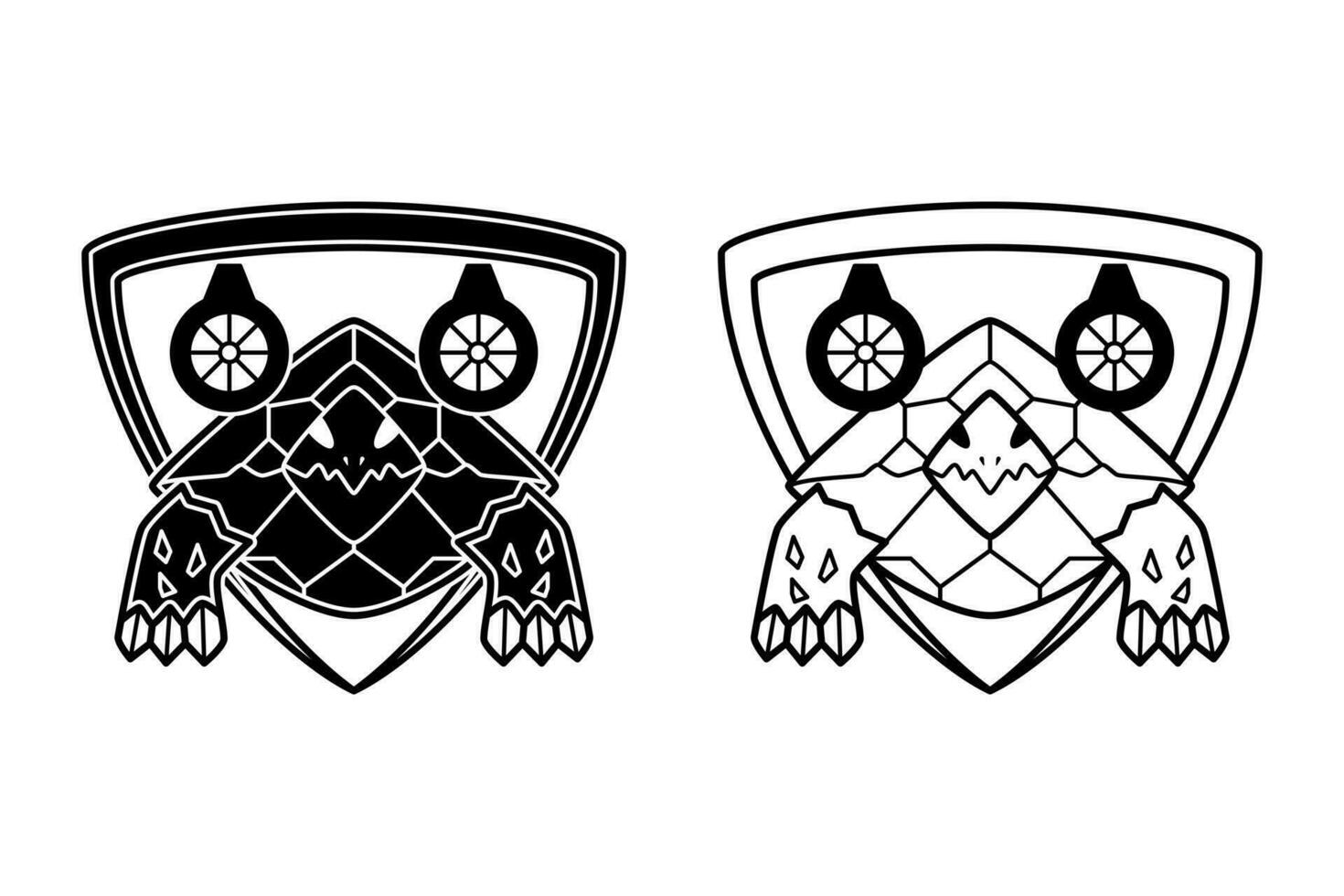 illustration of turtle with gun and shield. silhouette and line art style. used for mascot, logo or t shirt designs vector