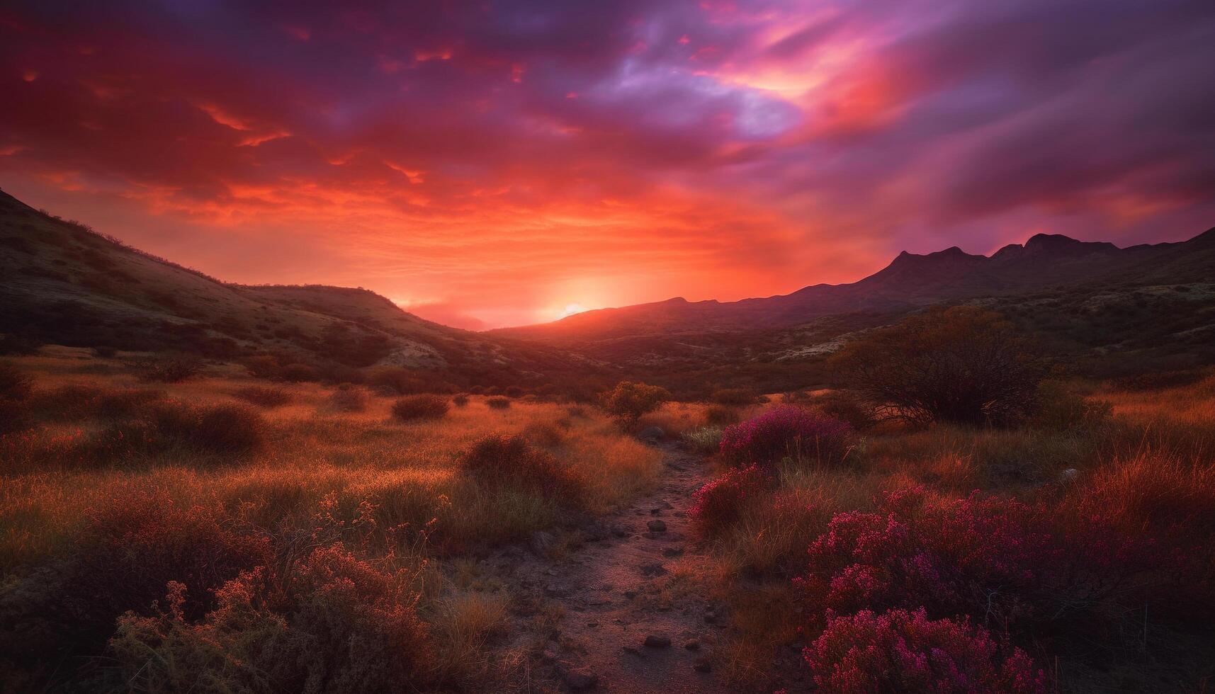 Majestic mountain range, tranquil meadow, dramatic sky generated by AI photo