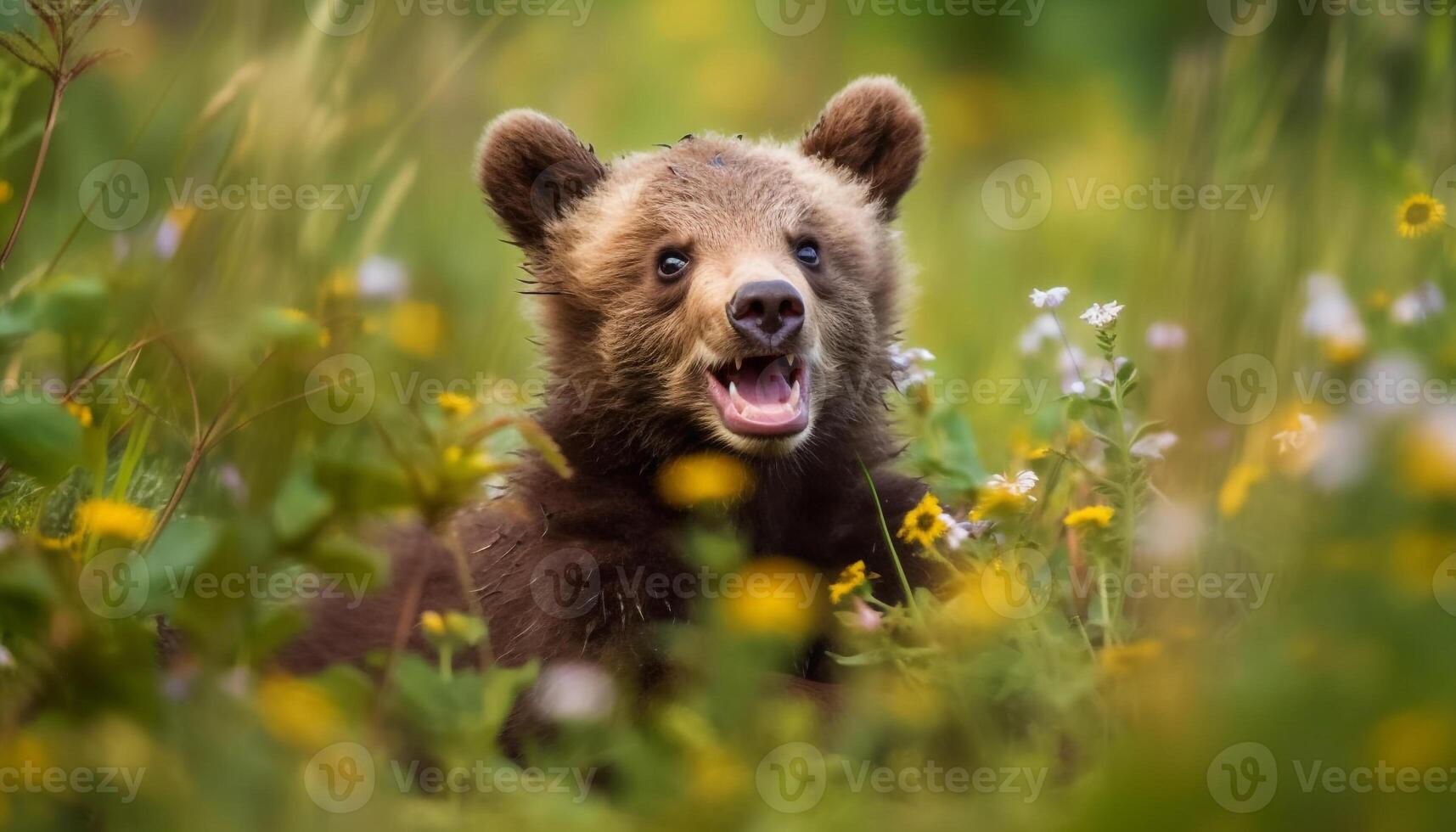 Fluffy puppy playing in meadow with dandelion generated by AI photo