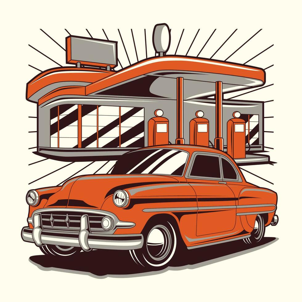 Classic car with gas station vector