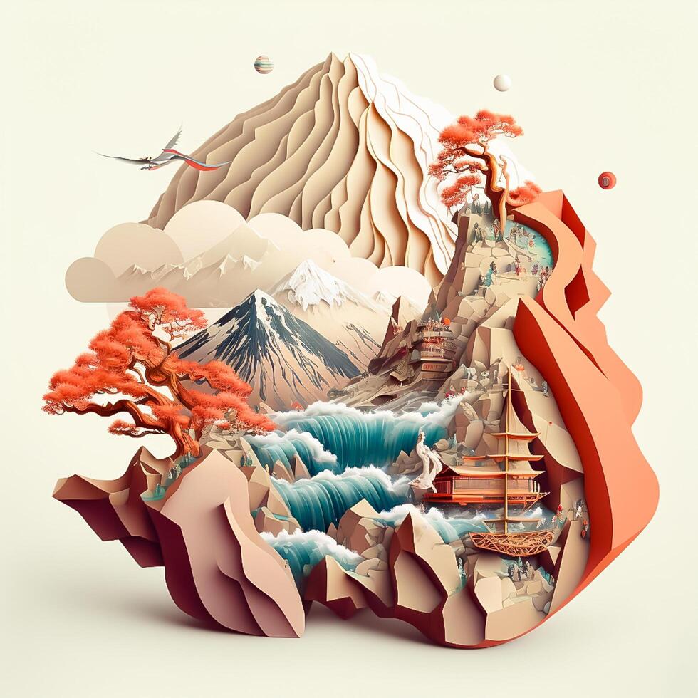 Mountainous Paper Cut Scene with Clouds and Mist photo