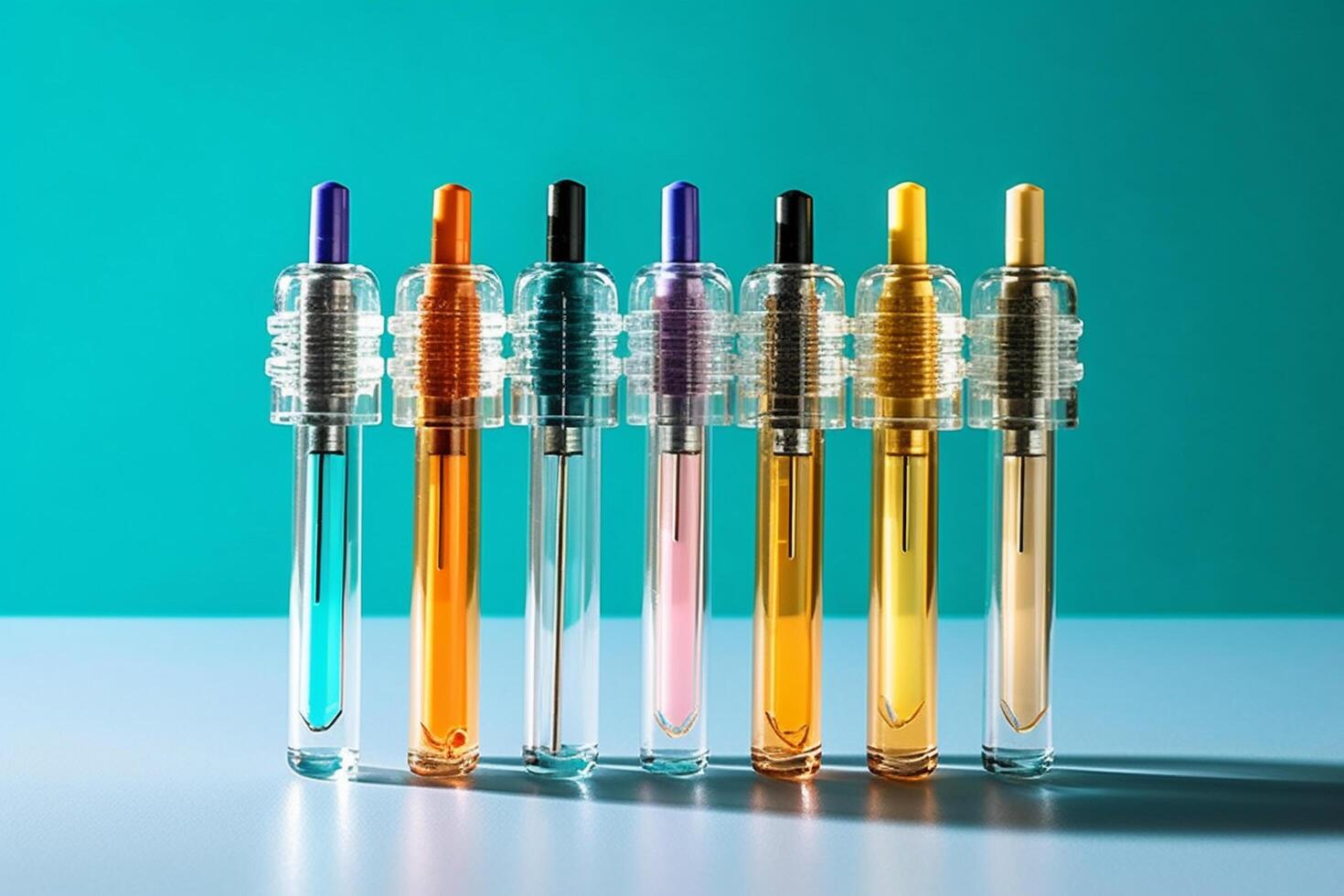 A row of colorful tubes with different colored lids are lined up in a dark room photo