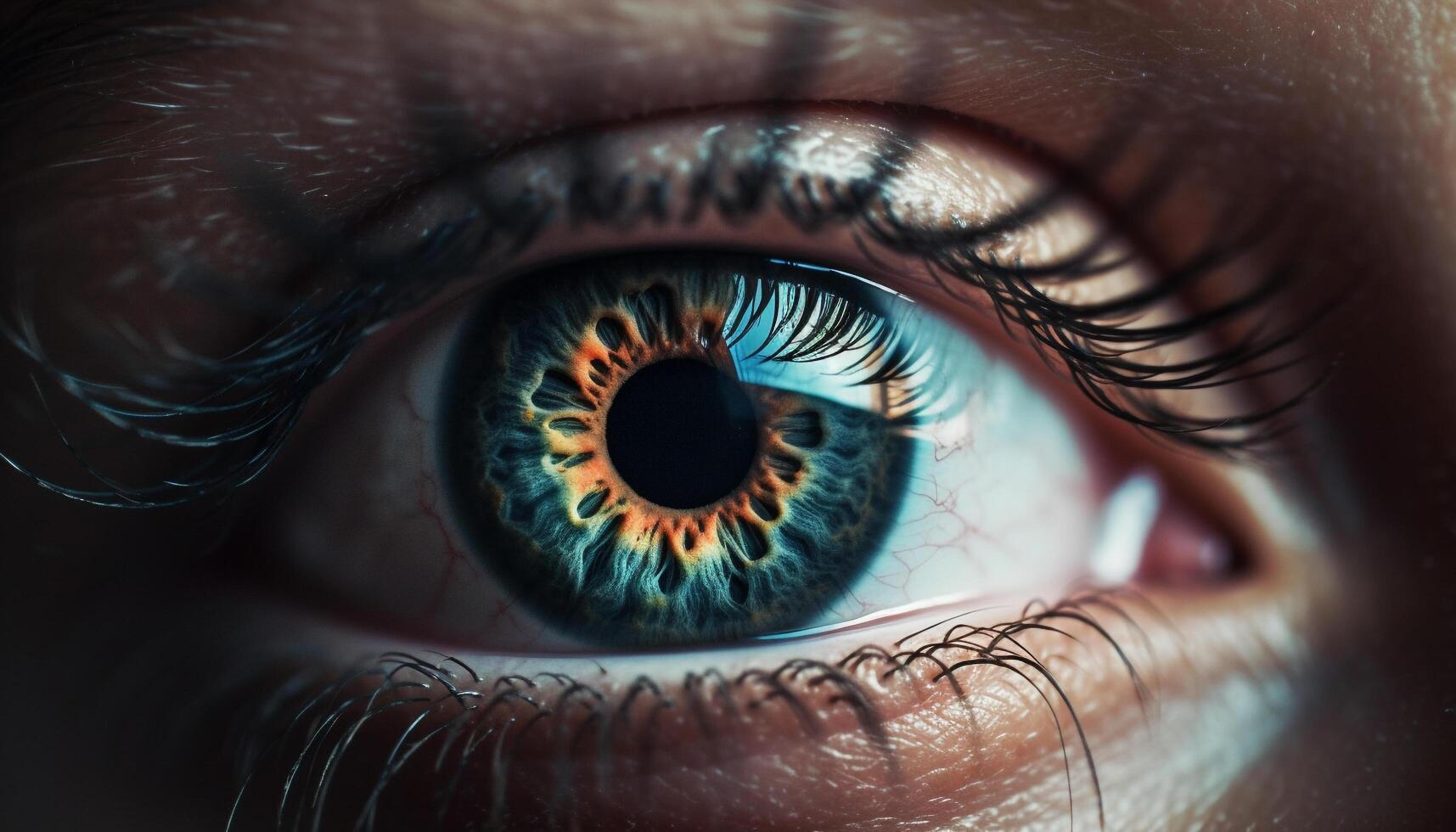 Blue iris staring, close up of human eye generated by AI photo