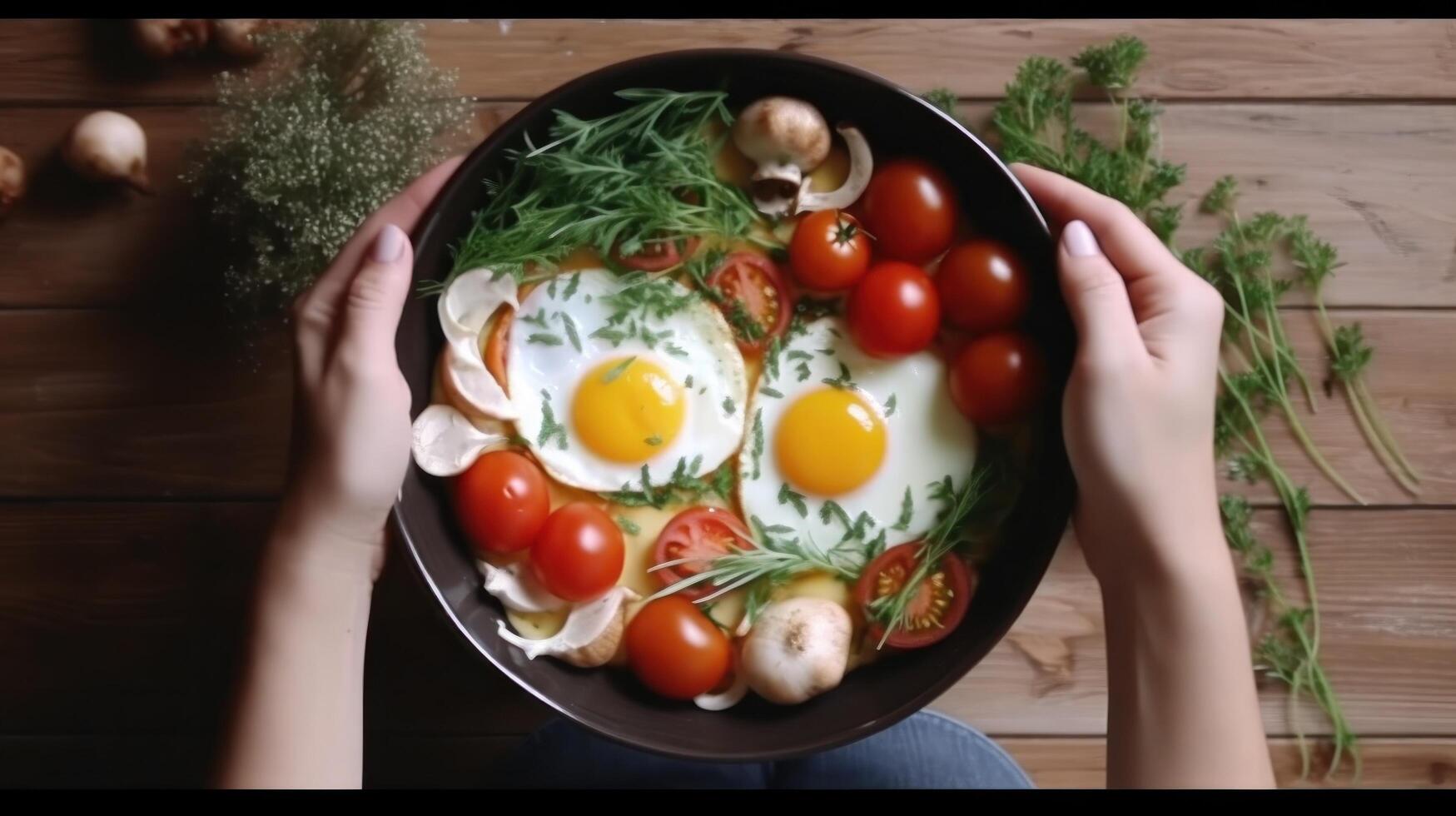 Frying pan with cooked eggs, herbs, cheese, tomatoes. Illustration photo