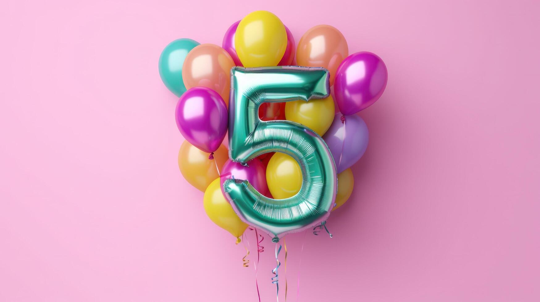 Pink background with balloon number 5. Illustration photo