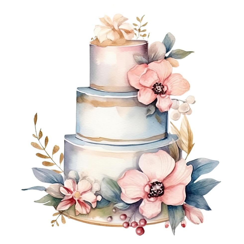 Watercolor wedding cake with flowers. Illustration photo