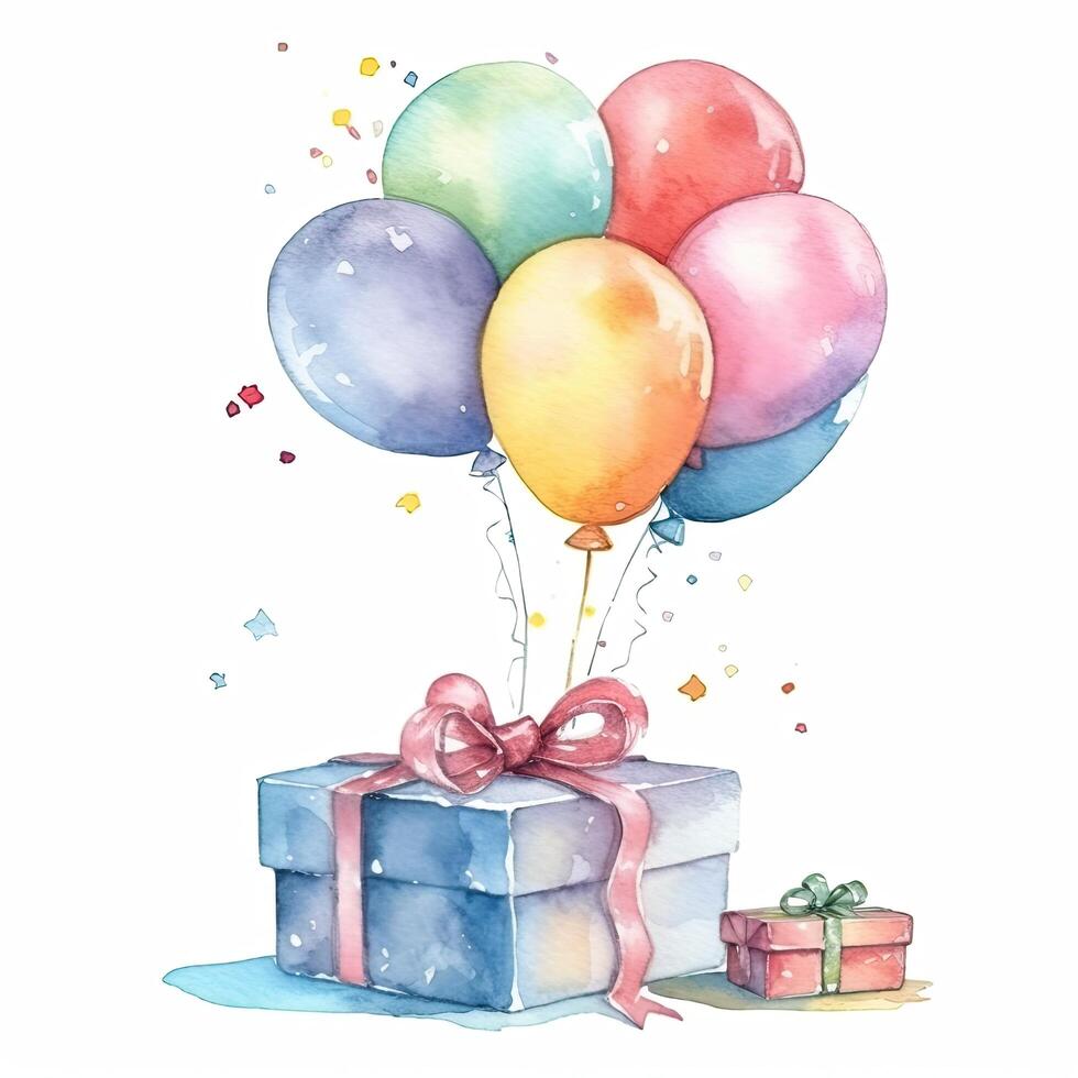 Watercolor Happy Birthday Gift Boxes with Balloons. Illustration photo