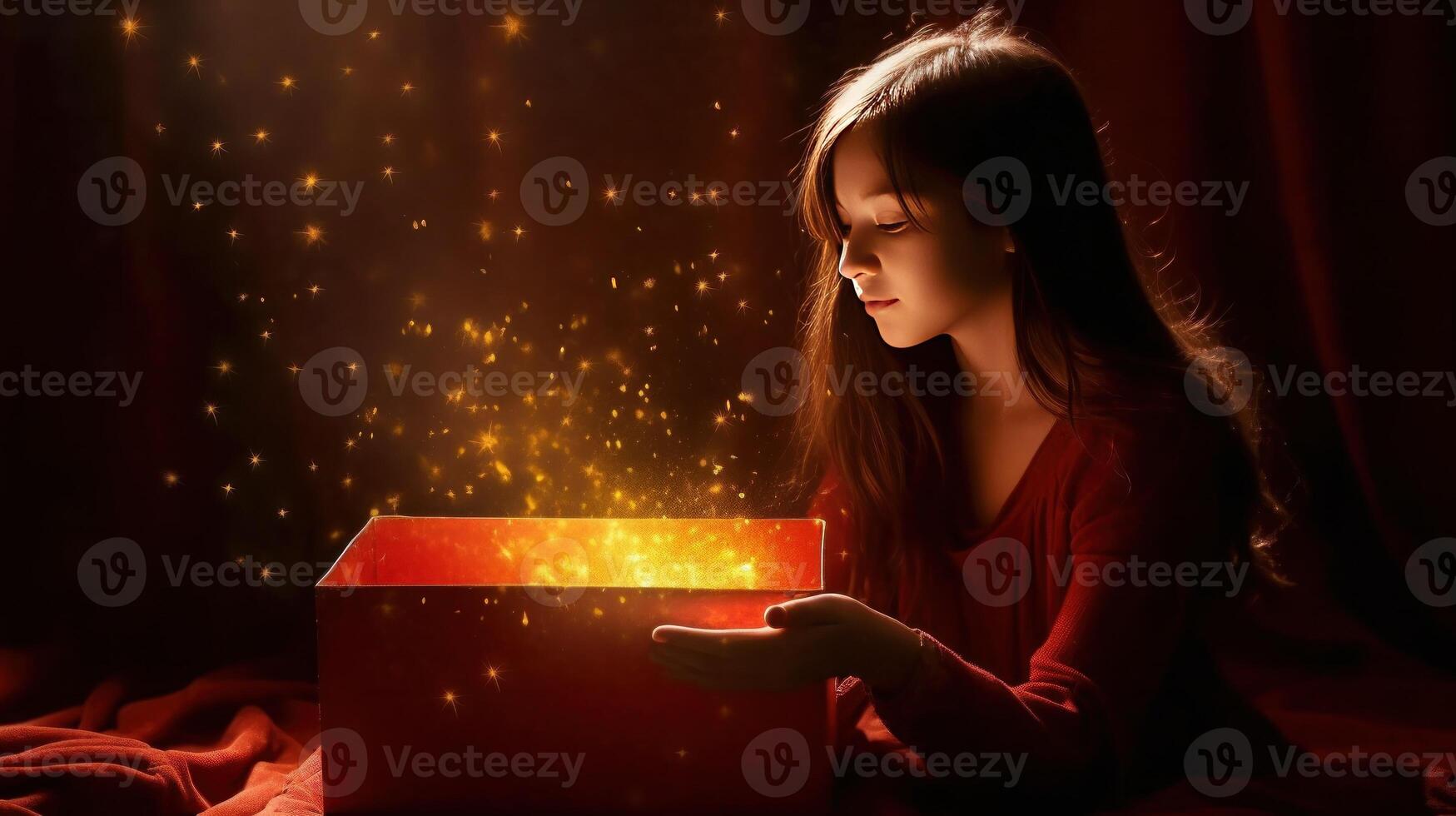 Girl with Christmas magic box. Illustration photo