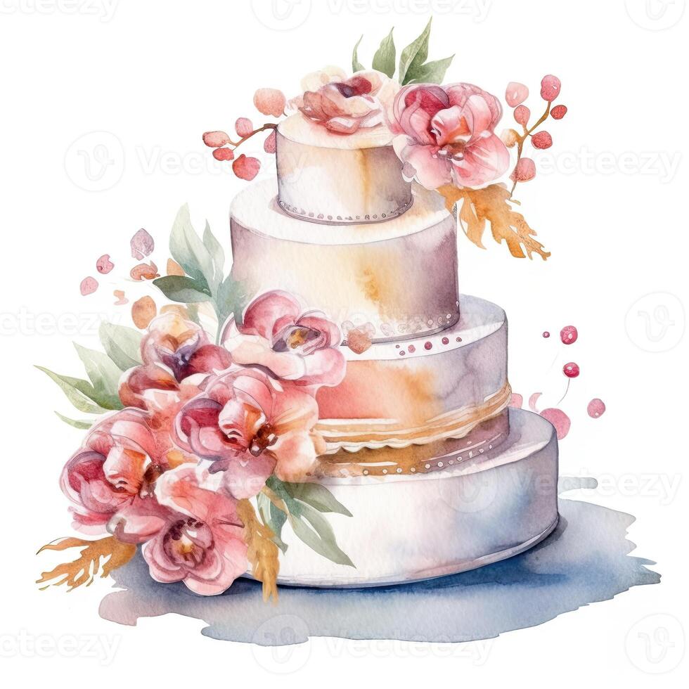 Watercolor wedding cake with flowers. Illustration photo